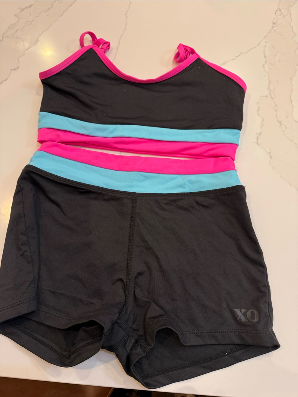 Girls' Black One-Piece Swim Set with Pink & Aqua Stripe Accents